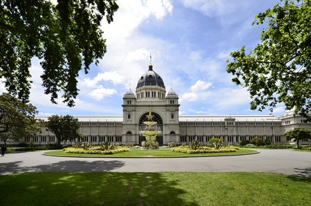 Melbourne, VIC, Australia - November 05, 2017: Royal Exhibition Building and fountain in public Carlton Gardens, a World Heritage Site in the capital of Victoriaのeditorial素材