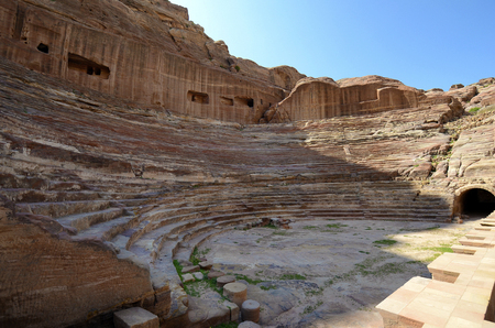 Jordan, amphietheater in ancient Petra, a UNESCO World Heritage site in Middle Eastの写真素材