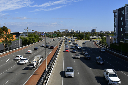 Perth, WA, Australia - November 29, 2017: Traffic on highway in the capital of Western Australia