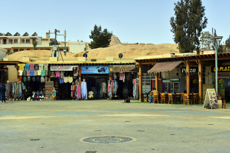 Petra, Jordan - March 06, 2019: Different shops and restaurant on square of Petra visitor centerのeditorial素材