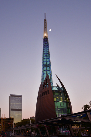 Perth, WA, Australia - November 30, 2017: Bell Tower aka Swan Bells with moon on evening, landmark of the capital in Western Australiaのeditorial素材