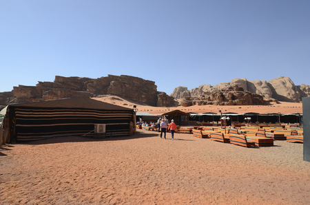 Wadi Rum, Jordan - March 07, 2019: Unidentified people in a tourist camp with restaurant in Middle Eastのeditorial素材
