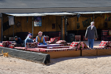 Wadi Rum, Jordan - March 07, 2019: Unidentified people in a tourist camp with restaurant in Middle Eastのeditorial素材