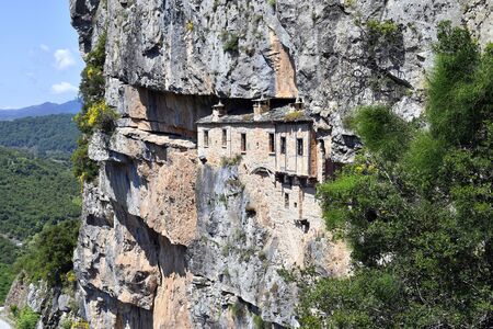 Greece, Epirus, Monastery Kipinas from 13th century, built on rock faceの写真素材