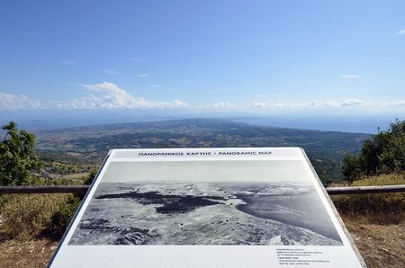 Kamarina, Epirus, Greece - September 20, 2019: Board with map for view from ancient Kassope aka...