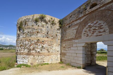Greece, Epirus, fortified wall and gate in ancient site of Nikopolis near Prevezaの写真素材