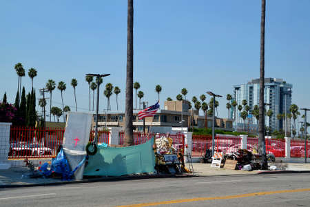 Los Angeles, CA, USA - August 14, 2020: Homeless people live in kind of shelter on Hollywood Blvd, a bad sign for social shortcomingsのeditorial素材
