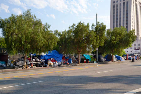 Los Angeles, CA, USA - August 22, 2020: Unidentified homeless people live in tents on street in...