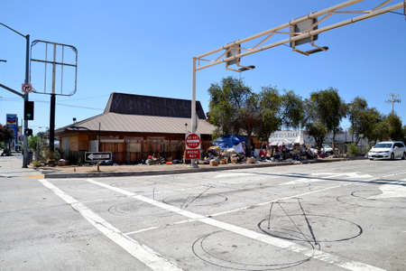 Los Angeles, CA, USA - August 28, 2020: illegal waste on a California freeway exit