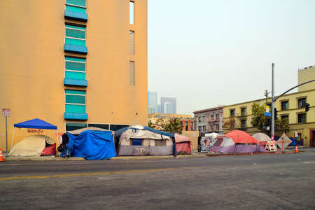 Los Angeles, CA, USA - September 12, 2020: Tents and shelters on street in the city in California, a sad alternative for socially disadvantaged and homeless peopleのeditorial素材
