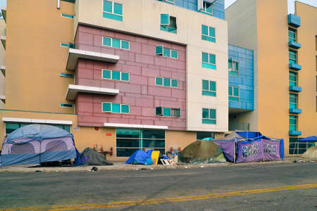 Los Angeles, CA, USA - September 12, 2020: Tents and shelters on street in the city in California, a sad alternative for socially disadvantaged and homeless peopleのeditorial素材