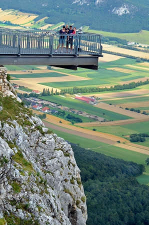 Maiersdorf, Austria - July 11, 2012: Unidentified family with children at observation point named skywalk on Hohe Wand mountain in Lower Austriaのeditorial素材