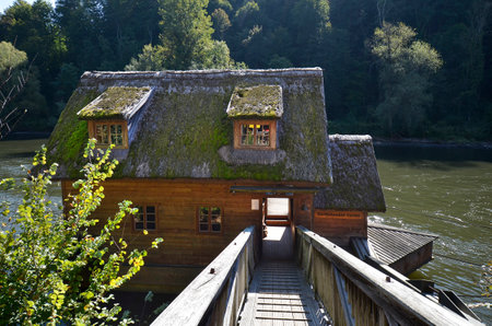 old ship mill on the river Mur, such mills were already used by the ancient Romans, the river forms the border between Austria and Sloveniaのeditorial素材