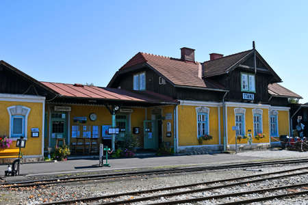 Stainz, Austria - September 23, 2021: Railway station Stainz of the tourist train called Flascherlzug - bottle train - a narrow-gauge railway and a very popular tourist attraction in western Styriaのeditorial素材
