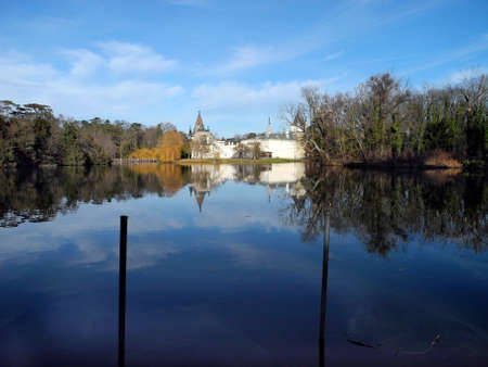 Laxenburg, Austria - January 02, 2022: Franzensburg Castle in lake of public castle park, a preferred destination and film location near Viennaのeditorial素材