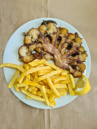 Greece, fried eel with french fries from Lake Pamvotida, a specialty on the small lake islandの写真素材