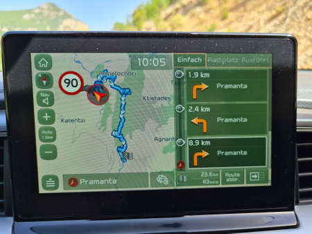 Greece, navi device shows the extremely winding road in the Tzoumerka national park