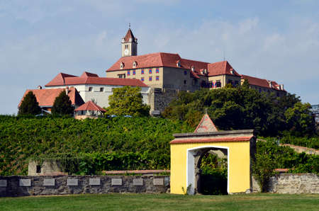 Austria, the medieval fortified castle is enthroned on a rock above the village of Riegersburg in south-eastern Styria, plaques commemorating previous wars named Grenzland Memorialのeditorial素材
