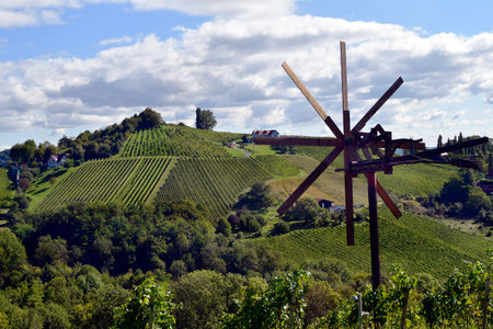 Austria, traditional Klapotez scarecrow and vineyards on the steep slopes located on the Styrian wine route, the hilly landscape is also known as the Tuscany of Austria, Klapotetz are used in south-eastern Austria by their clatter they drive the birds from the vinesの写真素材