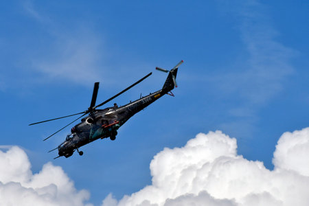 Zeltweg, Austria - September 03, 2022: Public airshow in Styria named Airpower 22, display with heavy combat helicopter MIL MI-24. NATO reporting name is Hindのeditorial素材