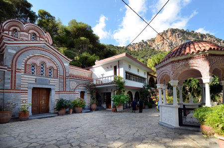 Greece, Crete, courtyard in orthodox monastery of Saint George of Selinari