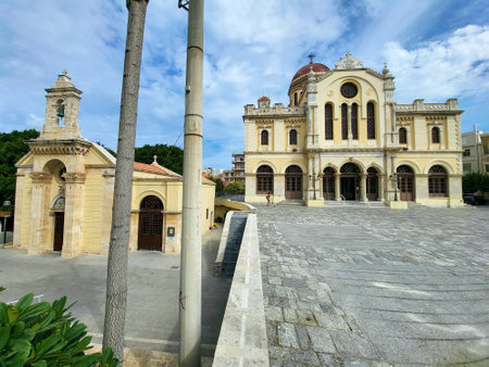 Heraklion, Greece - the capital of Crete Island, Agios Minas Cathedral and the small church left named the old Agios Minasの写真素材