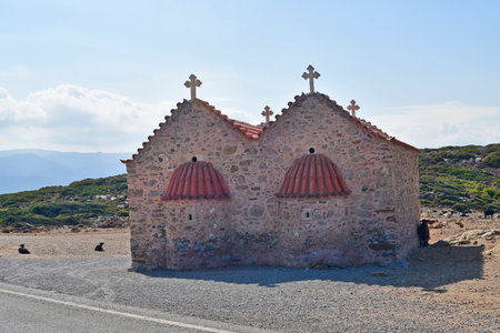 Greece, goats at the tiny chapel on the road between Vai and Sitia near the Toplou monastery, located in the north-east of Creteの写真素材