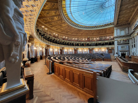 Vienna, Austria - March 20, 2023: The parliament of Austria one of the most imposing buildings along the Vienna Ringstrasse, view of the boardrooml for the federal council with the glass domeのeditorial素材