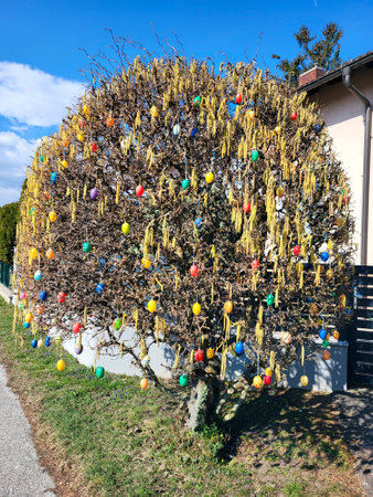 Austria, tree modeled in the shape of a sphere and decorated with easter eggs, a traditional custom