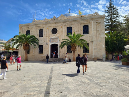 Heraklion, Greece - October 14, 2022: Unidentified tourists by sightseeing at church Agios Titos, former mosque and now an orthodox churchのeditorial素材