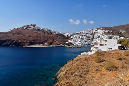 Astypalea, Greece - September 04, 2025: Chora, the stunning white town with windmills and old castle on the island in the Aegean Seaの写真素材