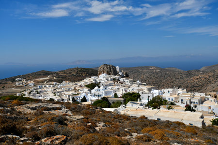 Amorgos Greece - September 09, 2025: Chora, the stunning white town with windmills, a nice little Cycladic island in the Aegean Seaの写真素材