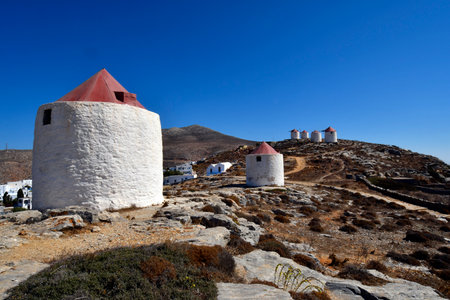 Greece - Medieval windmills on the hill in Chora, Amorgos Island