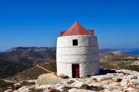 Greece - Medieval windmill on the hill in Chora, Amorgos Islandの写真素材