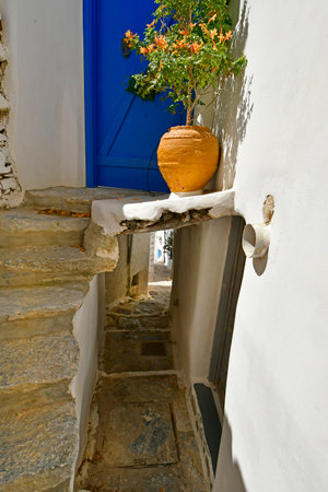 Greece, Amorgos Island - Paved passageway with steps and stairs leading to a house entrance decorated with a colorful flower potの写真素材