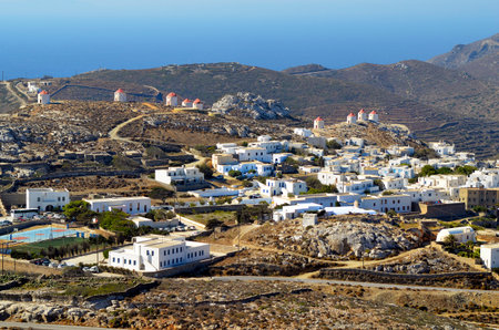 Amorgos Greece - September 09, 2025: Chora, the stunning white town with windmills on the Cycladic island in the Aegean Seaの写真素材