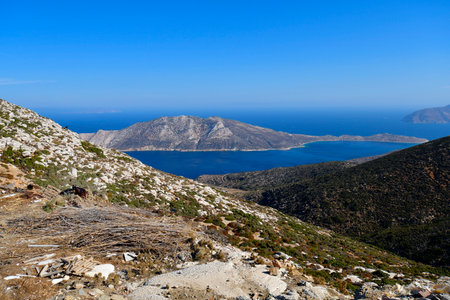 Amorgos Greece - Goats grazing on the barren land, overlooking Kalotiri Bay and small uninhabited islands in the Aegean Seaの写真素材