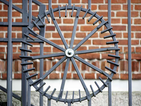 Detail of a fence in the form of a water wheel at the mill in Wustrauの写真素材