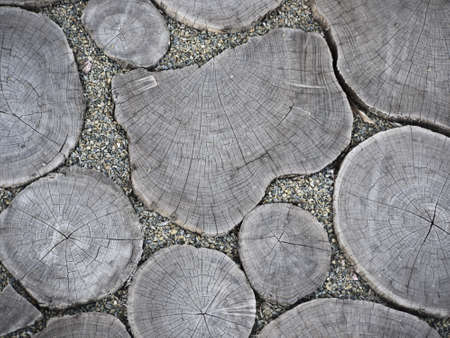 gray floor wooden discs and sandの写真素材