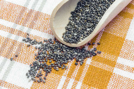 Chia seeds in a wooden spoon - Chia is a plant from Mexico and it is considered very healthy. The seeds contain a high percentage of omega-3 fatty acids, vitamins, antioxidants, proteins and minerals. Chia seeds swell considerably on and are suitable for の写真素材