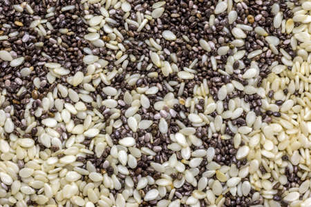 Chia and sesame seeds - Chia is originally from Mexico and is considered very healthy. The seeds contain a high percentage of omega-3 fatty acids, vitamins, antioxidants, proteins and minerals. Chia seeds swell considerably on in a liquid and are suitableの写真素材
