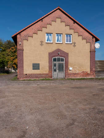 The village Lichterfelde is located near Eberswalde in Brandenburg, northeast of Berlin. - here: barn with a table for Albert Brachlow and Gustav Kunzeのeditorial素材