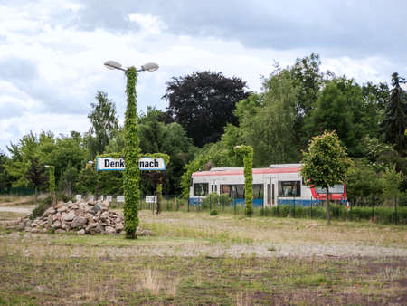 Wusterhausen is a town in county Ostprignitz-Ruppin, state Brandenburg, Deutschland - memorial on the old stationのeditorial素材