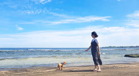 Asian young woman walking with brown poodle on beach, Jeju island, Koreaの写真素材