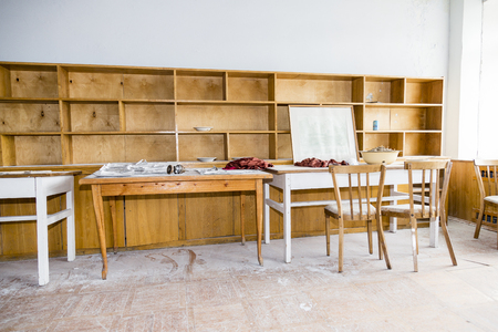 PYRAMIDEN, NORWAY - June 25, 2015: Inside of Library at the abandoned Russian arctic settlement Pyramiden, Norway.のeditorial素材