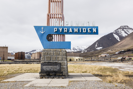PYRAMIDEN, NORWAY - June 25, 2015: Exterior of the ruined building at the abandoned Russian arctic settlement Pyramiden, Norwayのeditorial素材