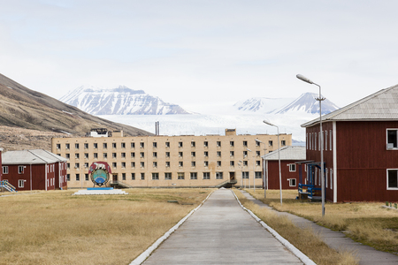 PYRAMIDEN, NORWAY - June 25, 2015: Exterior of the ruined building at the abandoned Russian arctic settlement Pyramiden, Norway.のeditorial素材