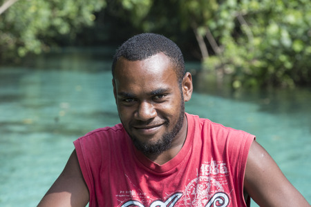 Santo, Republic of Vanuatu, July 25th, 2014, Boat trip on a crystal clear river through the rain forestのeditorial素材