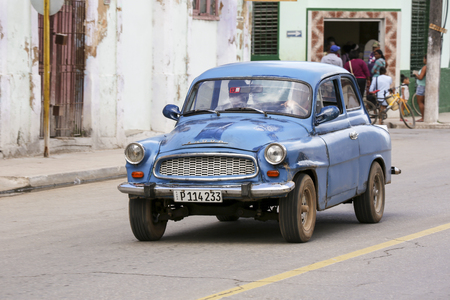 Cardenas, Cuba - November 26th, 2015: Blue vintage car in the streets of Cardena, EDITORIALのeditorial素材