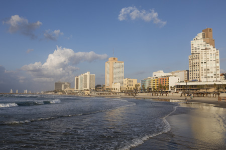 TEL AVIV, ISRAEL - December 26, 2016: Tel Aviv waterfront: beaches, high-rise buildings and hotelsのeditorial素材